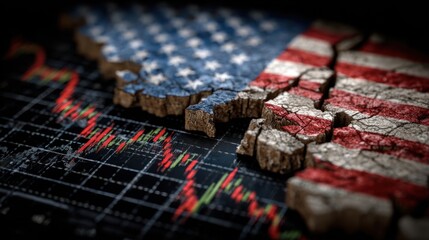 Us economy in crisis with stock market graph, damaged american flag representing recession and devaluation of dollars