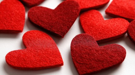 Obraz premium Red felt hearts are scattered on a white surface showcasing their vibrant color and texture.