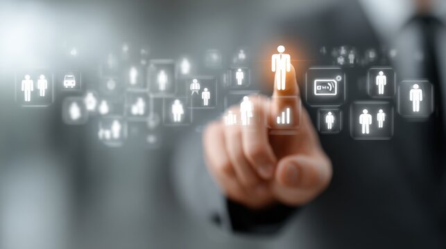 Person taps digital marketing icons on a futuristic interface with data charts, people, and cloud