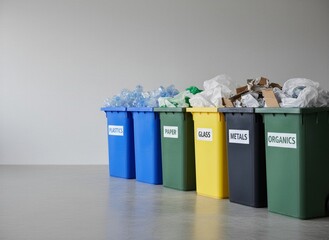 Organized row of five colorful recycling bins (blue plastics, green paper, yellow glass, black metals, dark green organics) filled with sorted waste against a clean gray studio background.