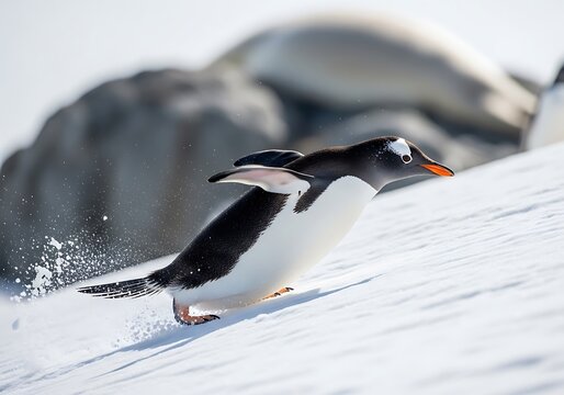A gentoo penguin slides down a snowy slope with its flippers outstretched in antarctica