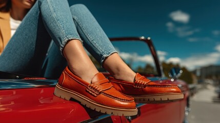 Stylish woman's legs in loafers resting on a classic red convertible car outdoors, representing casual style