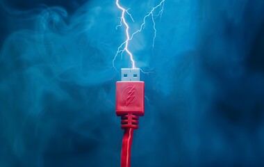 Red USB cable emits bright lightning against blue background, symbolizing fast data transfer, digital power, and modern technology connection.