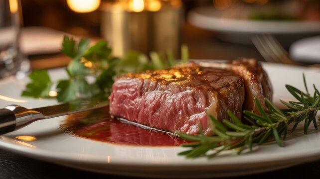 Rare to medium-rare steak with herbs on elegant plate, candlelit background — refined culinary presentation.