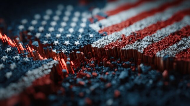 Us economy in crisis with stock market graph, damaged american flag representing recession and devaluation of dollars