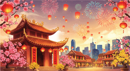 Fototapeta premium Celebrate Lunar New Year with vibrant lanterns and fireworks over a traditional village, perfect for cultural events and festive promotions worldwide