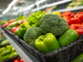 Fresh assortment of green bell peppers, broccoli, and cucumbers displayed in a black basket on a supermarket shelf with vibrant red and orange vegetables in the back