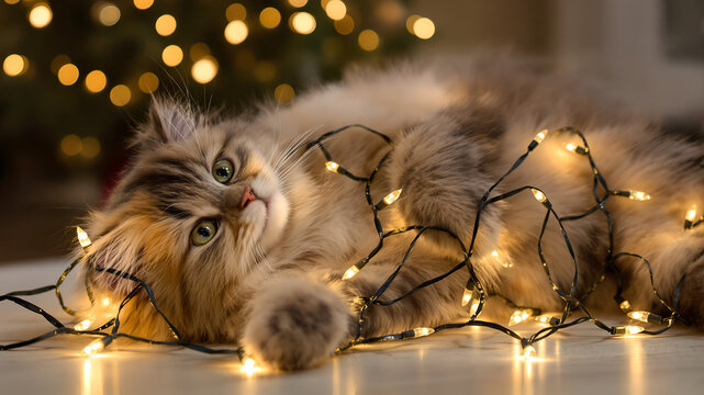 Fluffy cat lying on the floor wrapped in glowing Christmas string lights - Powered by Adobe