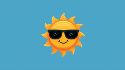 A bright yellow sun with a smiling face and sunglasses shines on a clear blue background creating a fun and sunny atmosphere ideal for summer celebrations.