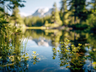 Serene lake waters reflecting vibrant green plants and forest trees with distant snow-capped mountains under a clear blue sky in a peaceful natural setting