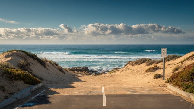 A beach with a sign that says no parking. The beach is empty and the sky is cloudy - Powered by Adobe