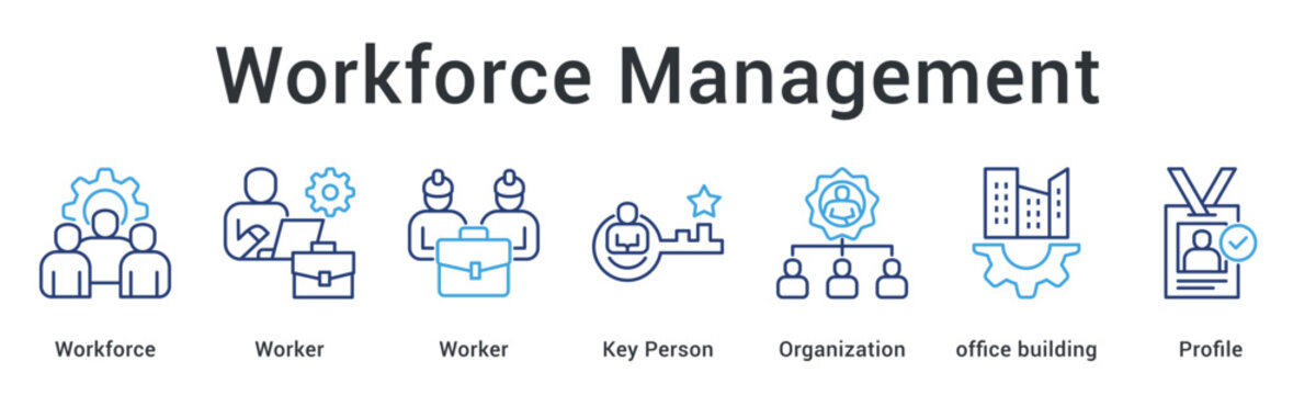 Workforce management organizes workers and key persons within office structures maintaining detailed profiles systematically.