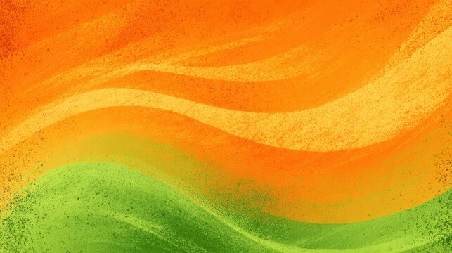 Dynamic waves swirl across the canvas in shades of orange and green creating a lively atmosphere. The colors blend smoothly suggesting warmth and freshness inviting creativity.
