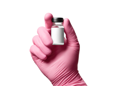 Hand wearing a medical pink nitrile glove holding a small glass blankl labeled, representing medical research, healthcare, and pharmaceutical development. Isolated on transparent background