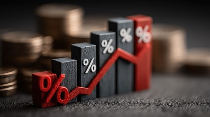 Business graph showing percentage increase with red arrow, discount and tax adjustment concept and retail sales growth strategy
