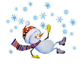 The snowman fell and is catching snowflakes. Illustration, watercolor.