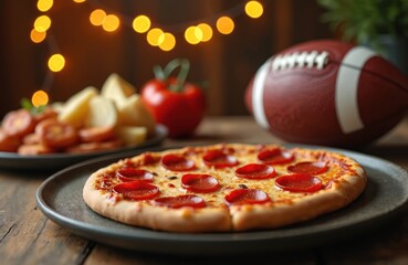 Pepperoni pizza slice rests on plate, football nearby, bokeh lights glow. Cozy indoor game night setting. Perfect for sports viewing parties and casual dining.