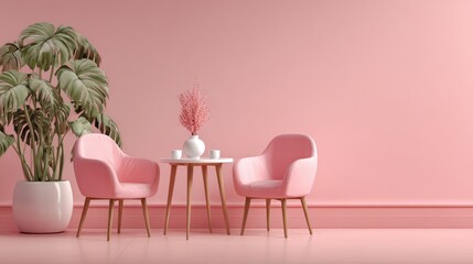 Pastel pink room interior showcasing two pink chairs, a small white table adorned with a vase and cups, and a potted plant providing a minimal, calming aesthetic