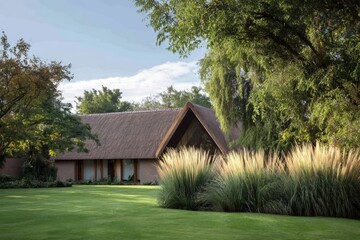 Beautiful thatched-roof house surrounded by greenery and landscaped gardens during a sunny day in a peaceful rural setting