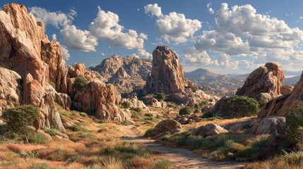Scenic rock formations in Joshua Tree National Park with clear skies and scattered clouds, a hiking trail leading through a desert landscape