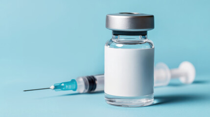 Blank labeled medication vial next to a disposable syringe, symbolizing vaccination or hormone-based treatment for diabetes, and various health conditions requiring injectables