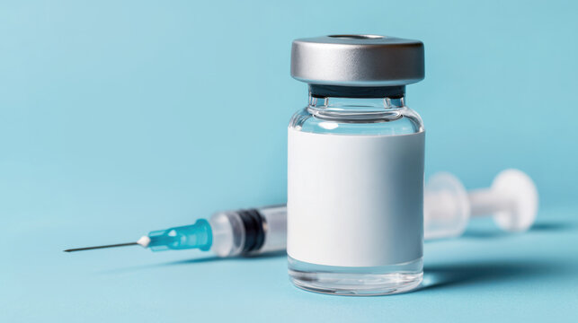Blank labeled medication vial next to a disposable syringe, symbolizing vaccination or hormone-based treatment for diabetes, and various health conditions requiring injectables