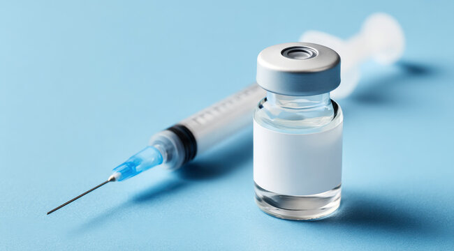 Blank labeled medication vial and a syringe representing vaccination and various health conditions requiring injectables