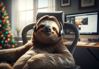 Naklejka premium Relaxed sloth wearing headphones sitting in office chair with christmas tree and computer in background