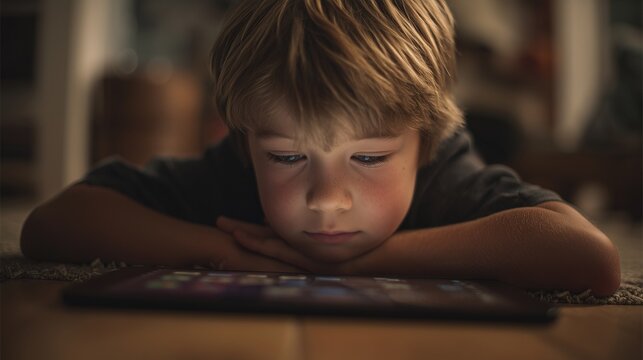 A young boy is lying on the floor, deeply focused on his tablet while scrolling through various apps and content. The boy's expression reflects concentration and engagement with th