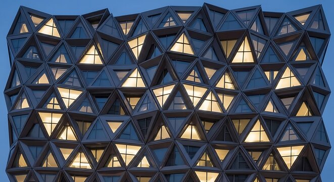Modern geometric building facade with illuminated triangular windows at dusk