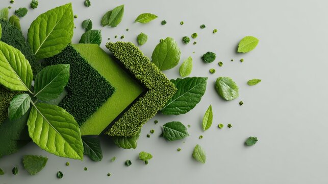 Green geometric shapes displaying fruits, leaves, and blossoms suggesting natural products or organic growth in a studio setting