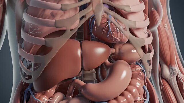 Close-up of a person's abdomen with visible skin texture and natural folds, highlighting human body features and skin details in a neutral setting