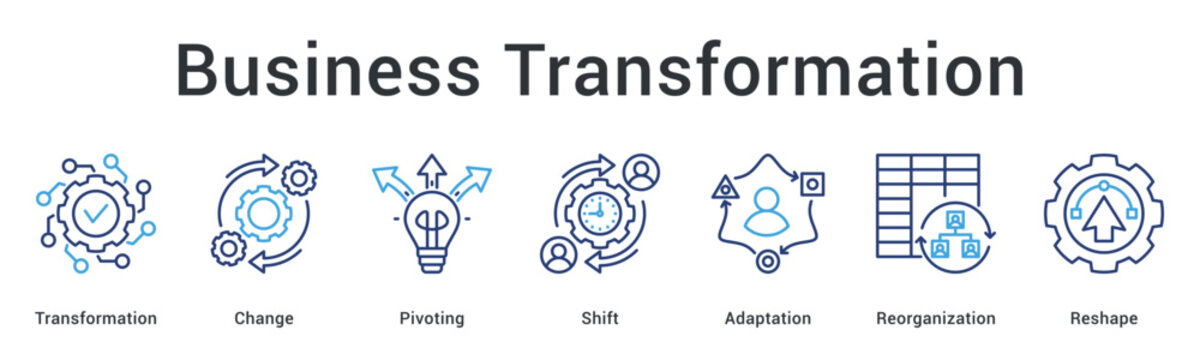 Business transformation banner web icon drives change through pivoting and shift toward adaptation and organizational reshape.
