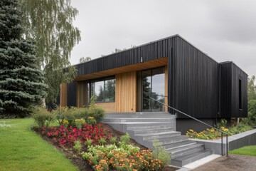 Obraz premium Modern house in a serene landscape featuring a mix of black and wooden exterior with lush garden beds during a cloudy day
