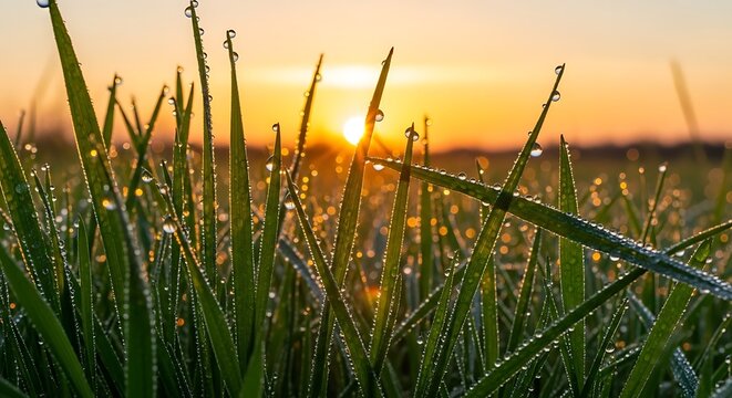 Dewdrops on green grass blades at sunrise with golden sunbeams and warm sky