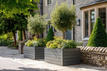 Obraz premium Beautiful outdoor garden area featuring stylish planters and lush greenery in a charming stone cottage setting during bright daylight hours
