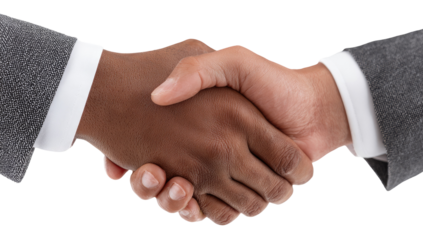 Close-up of two diverse hands shaking, in business attire
