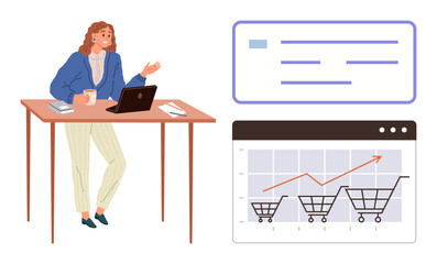 Woman at desk with laptop and coffee analyzing sales trends with chart of increasing shopping cart data. Ideal for business, analytics, e-commerce, marketing, growth, online shopping, simple flat