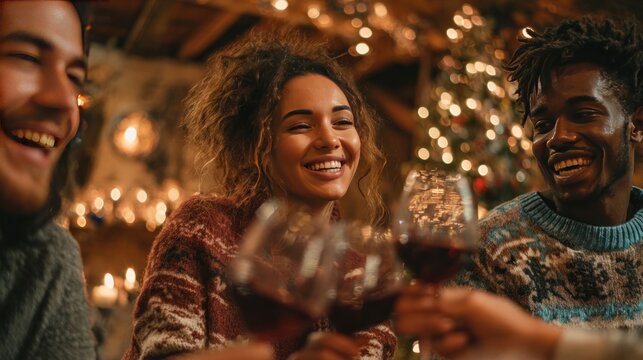 Group of young people smiling happily, celebrating Christmas and toasting with wine at home