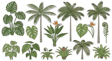 Collection of diverse tropical plants and palm trees in a stylized illustration
