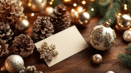 A white card with a snowflake on it sits on a wooden table next to a bunch of Christmas ornaments