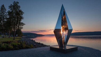A large, silver sculpture of an octagon is placed on a concrete platform near a body of water. The sculpture is lit up, creating a striking contrast against the dark sky