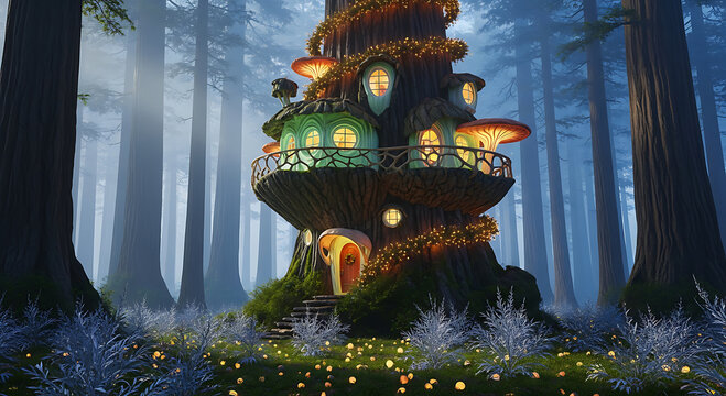 Enchanted treehouse with glowing mushroom roofs in a misty forest fantasy