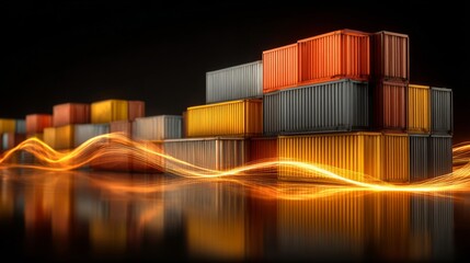 Dynamic port sceneries: capturing the heart of global logistics. Information flow. Enhanced port nuances: a dynamic look at stacked shipping containers. Network signals. Connected devices.