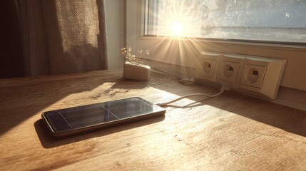 Morning sunlight illuminating smartphone charging on wooden table by window,National Energy Conservation