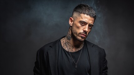 In a dimly lit studio a man with a serious expression stands confidently. His tattoos are visible and he wears a sleek black outfit that complements the dramatic backdrop.