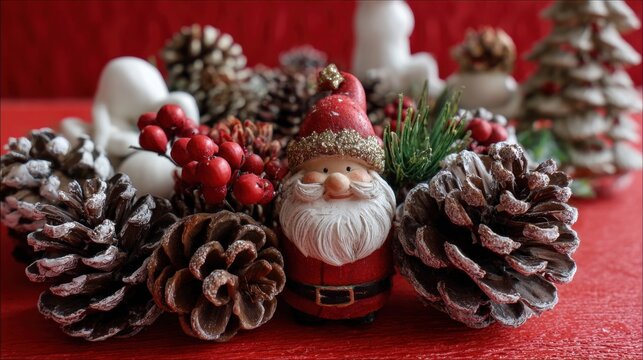 A red background with a santa Claus figure and pine cones. The santa Claus figure is smiling and holding a pine cone - Powered by Adobe