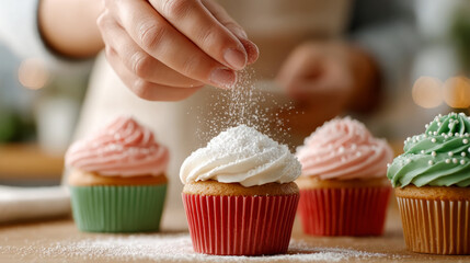 Christmas market sellers decorating festive cupcakes with sprinkles for holiday celebration