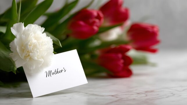 A beautiful bouquet of red tulips and white flowers lies on a marble surface. The card reads Mothers. Perfect for celebrations, greetings, and expressing love and gratitude. AI - Powered by Adobe