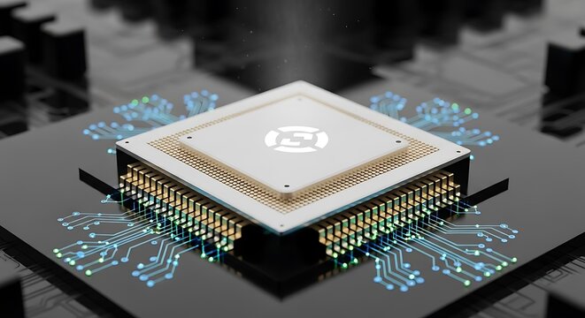 Advanced quantum computing processor with glowing circuitry and futuristic design